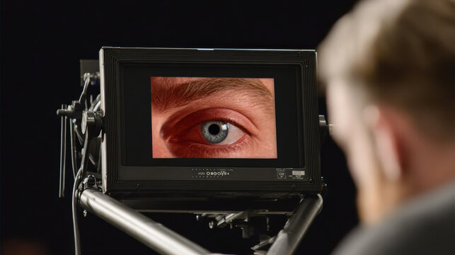 Close up human eye displayed on monitor in dark studio, cinematic focus and reflective mood