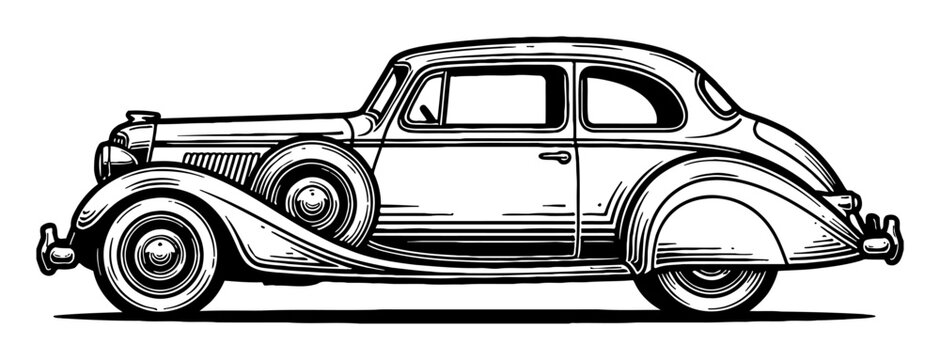 Vintage Classic Car Side View Black and White Outline Line Art Drawing Vector Illustration Design