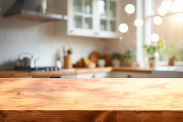 A cozy kitchen flooded with morning light and a natural wood countertop in the foreground © Agil