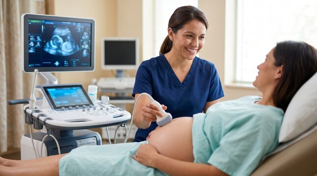 Sonographer performs a pregnancy ultrasound scan on an expectant mother to examine the developing baby in a comfortable clinical environment.