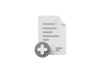 Fototapeta premium 3d create document icon. new file add concept. minimal cartoon white paper report with gray text lines and plus symbol. isolated on white transparent background. 3d render.