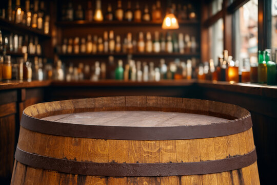 Wooden barrel in the foreground as a table and a blurred background of a bar or store with shelves and alcoholic drinks