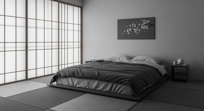 Bedroom scene showcases a low-profile platform bed centered in front of large shoji style panels that diffuse soft natural light into the quiet interior.