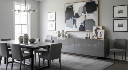 Fototapeta premium Dining area features a sleek gray table paired with matching chairs and a gallery wall composed of framed black and white prints in a bright home setting.