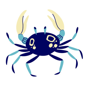 Blue crab with yellow claws cartoon illustration, tropical sea animal vector