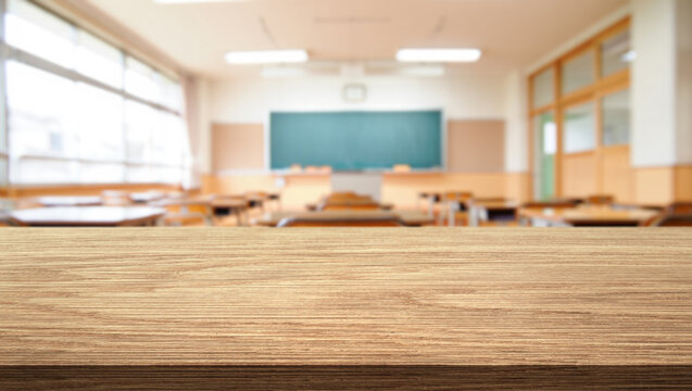 Table top and blur classroom interior