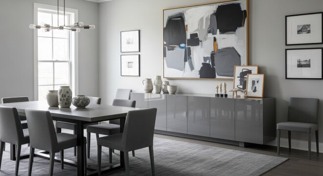 Dining area features a sleek gray table paired with matching chairs and a gallery wall composed of framed black and white prints in a bright home setting.