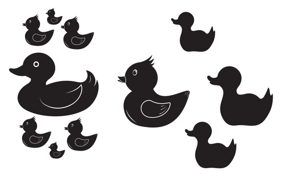 Rubber Duck Icon Set &ndash; Cute Bath Toy Symbols in Outline and Solid Black Vector Style for Kids and Bathroom Decor