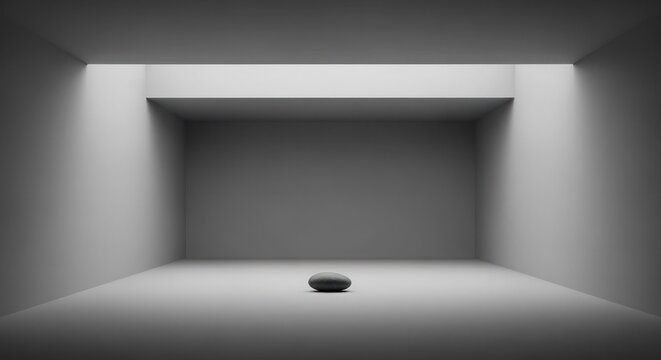 Stone placed centrally on a smooth floor creates a serene focal point within a dark minimalist studio environment designed for calm and quiet artistic.