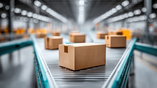 Cardboard boxes moving along a conveyor belt in a modern warehouse distribution center