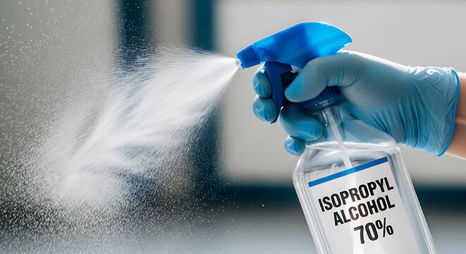 A hand wearing a blue nitrile glove holding a plastic spray bottle of 70 percent isopropyl alcohol and spraying a fine mist in a laboratory