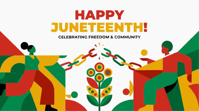 A vibrant Juneteenth celebration illustration with colorful geometric shapes and people breaking chains
