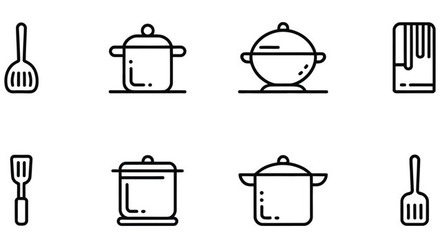 Kitchen utensils and cookware icons including spatulas pots and a cutting board on white