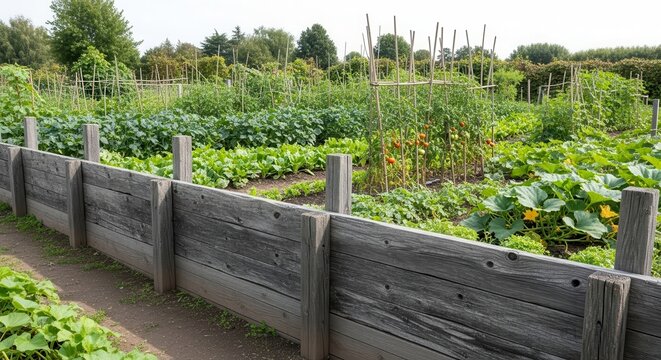 Lush vegetable garden with weathered wooden fence and tall growing plants
