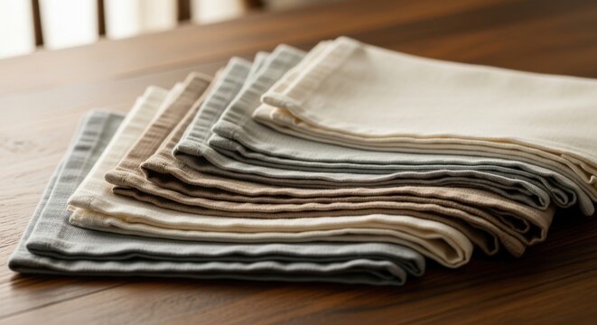 A stack of neatly folded linen napkins with simple hemmed edges rests on a wooden table, showcasing natural textures and warm tones.