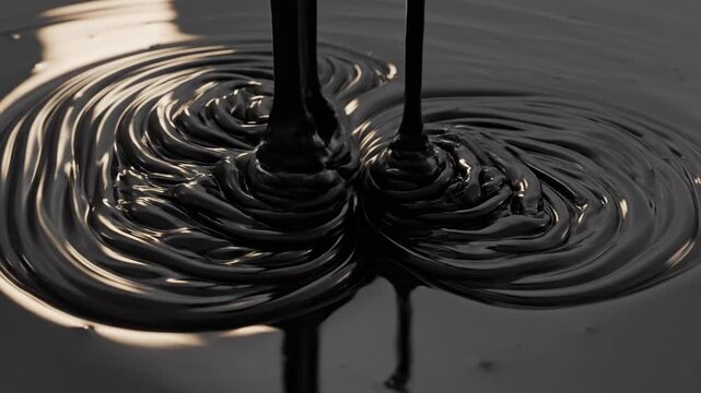 Viscous black liquid flows creating mesmerizing swirls and graceful patterns, evoking a sense of deep, rich texture and dynamic movement in abstract form, captivating the viewer's eye