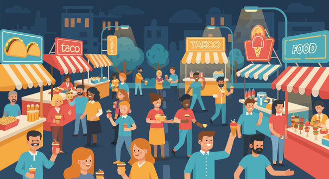 Diverse crowd enjoying a vibrant outdoor food market at night.