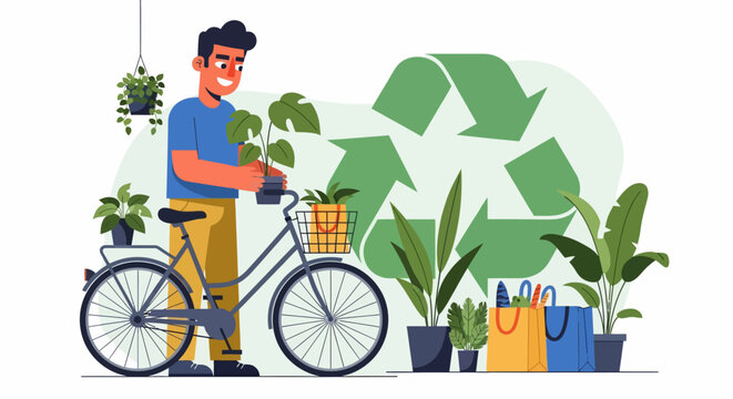 Man holding plant with bicycle and recycling symbol.