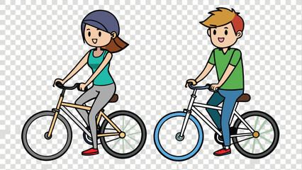 Fototapeta premium Vector illustration of young man and woman riding bicycles isolated on transparent background.