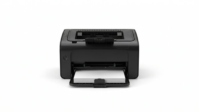 Sleek black laser printer with a stack of blank paper in the tray, ready for professional printing. Isolated on white