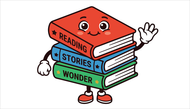 A cheerful stack of three cartoon books, red, blue, and green, with a smiling face, waving hand, and feet, promoting reading and stories.