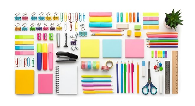 Flat lay of colorful school and office stationery supplies on white background