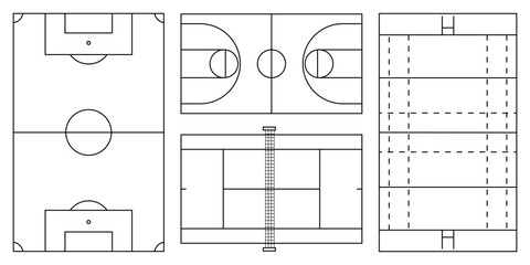 Sports field and court diagram set in top view, soccer field, basketball court, tennis court and rugby pitch layouts, tactical game plan vector illustration isolated on transparent background © Palash