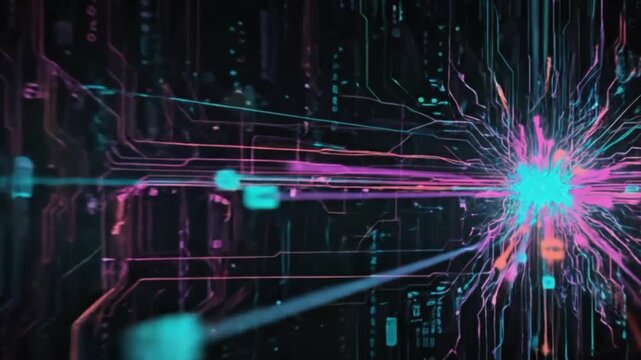 A dynamic digital data visualization with a futuristic and cyberpunk aesthetic. A series of electronic circuits and lines of programming code are visible, glowing.