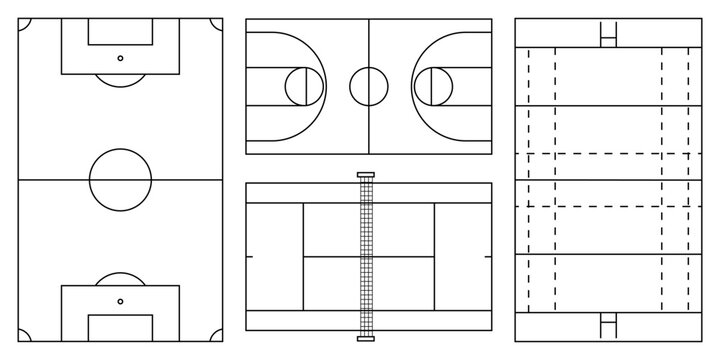 Sports field and court diagram set in top view, soccer field, basketball court, tennis court and rugby pitch layouts, tactical game plan vector illustration isolated on transparent background
