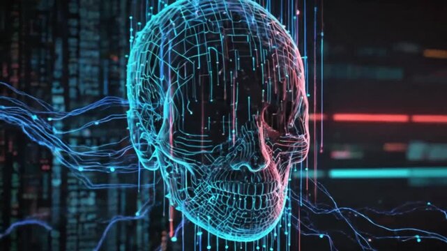 A digital visualization of a human skull in a futuristic 3D wireframe. Set amidst a cyberpunk-themed background with elements of matrix code and data streams.