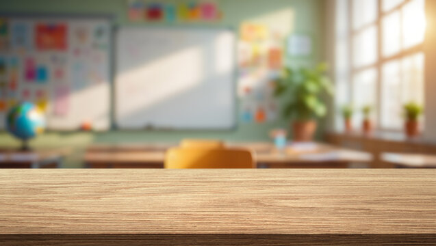 Wooden table top and blur classroom interior with chalk board