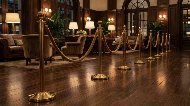 Elegant brass stanchions with velvet ropes guide pathways within a luxurious hotel lobby setting