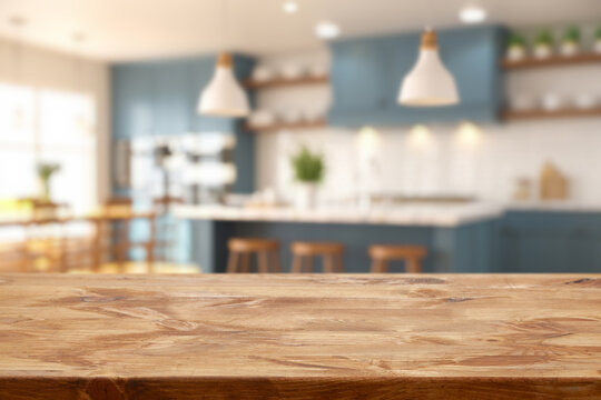 Empty wooden table matte blue interior background