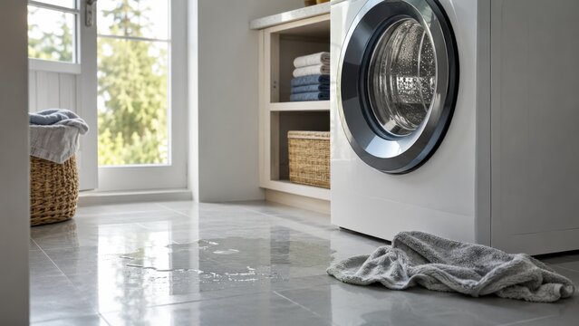 Washing Machine Leak With Puddle And Towel On Floor