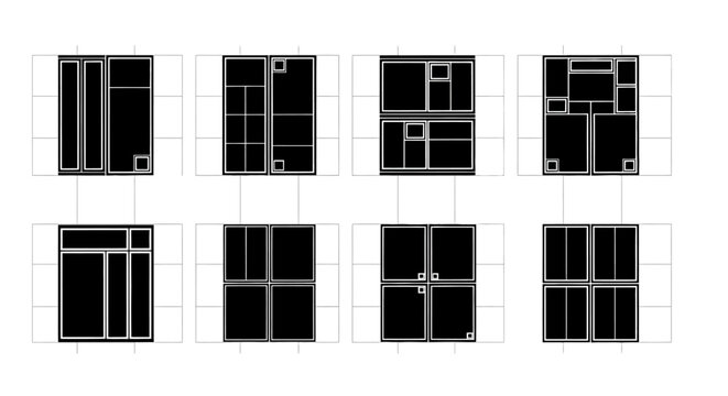 Set of modern window designs and architectural glass patterns for buildings and homes