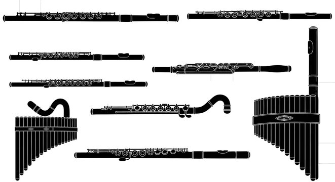Various black silhouettes of flutes and pan flutes on a grid background musical instruments for music and art projects