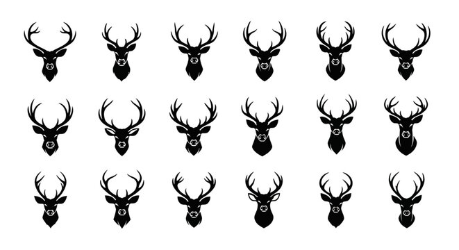 Set of black deer head silhouettes with antlers on white background hunting and wildlife icons