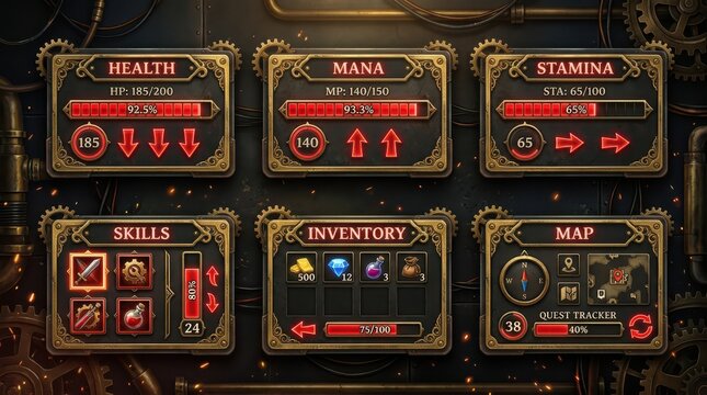 Steampunk video game hud with health mana stamina skills inventory and map