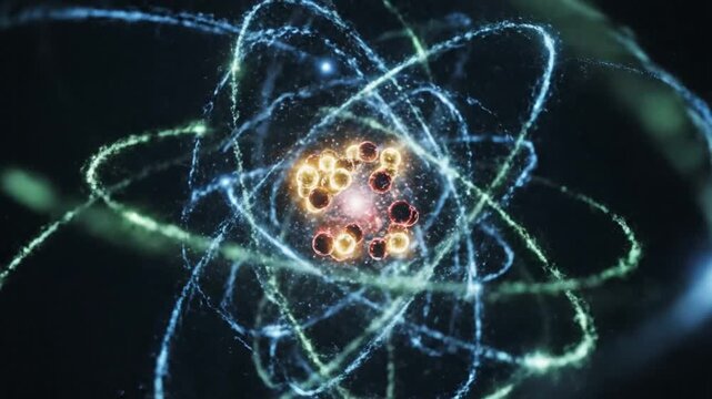 Scientific visualization of an atomic structure featuring a glowing nucleus of protons and neutrons surrounded by electrons moving in orbital paths with blue light particles.