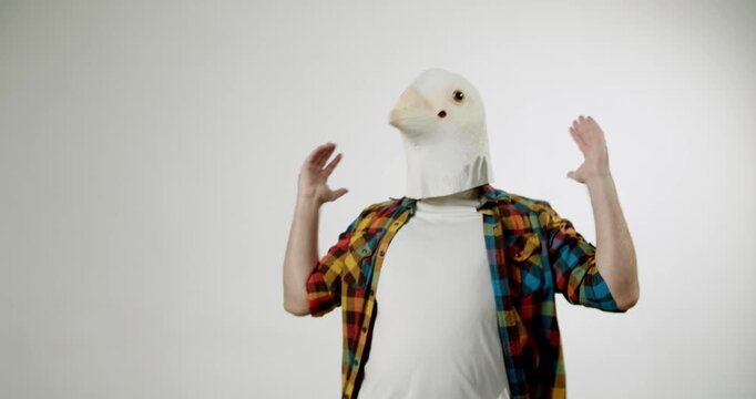 A man wearing a bird mask turns to the camera and stretches his arms wide. A fun video for a variety of uses. Great for lighthearted projects that need a touch of whimsy.