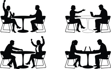 Fototapeta premium Business Meeting Silhouettes Featuring Office Discussions Laptop Work and Professional Communication at Conference Tables Vector Illustration Collection