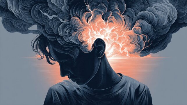 Abstract depiction of a person's head exploding with dark clouds and bright light
