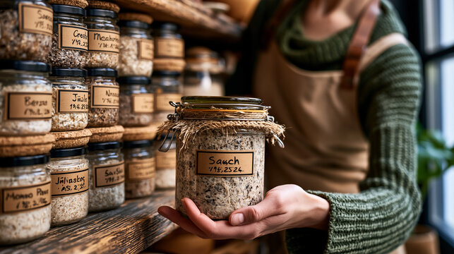 Rows of sourdough starters labeled with names and dates on a reclaimed wood shelf, a baker holding a jar up to window light to check activity, warm tones, perfect for fermentation craft, artisan bre