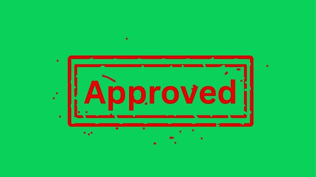 Green screen with animated word 'Approved' stamps in red cinematic motion