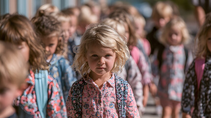 Fototapeta premium The children are lined up and prepared to return to school