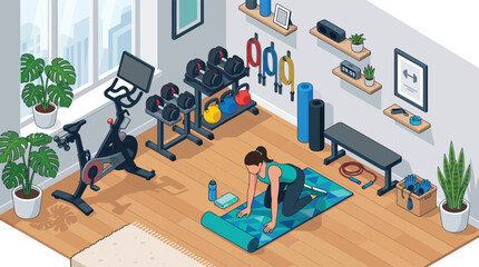 Naklejka premium Isometric home gym interior vector illustration showing a woman exercising in a stylish fitness room with stationary bike, dumbbells, kettlebells, yoga mat, workout bench, and resistance bands.
