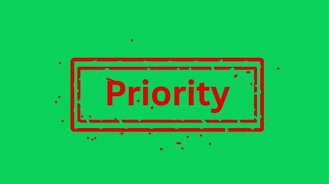 Red stamp text priority appearing in green and black background cinematic motion
