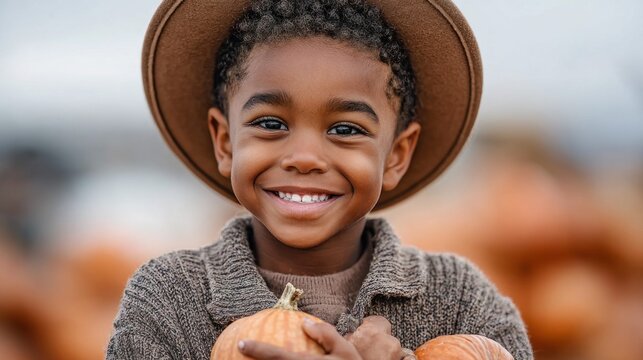 Happy young boy smiles while holding pumpkins at a pumpkin patch
