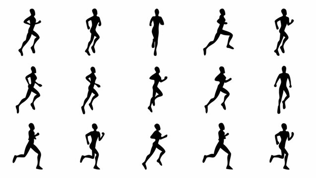 Running man silhouettes in various poses on transparent background