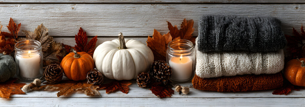 A double border of an autumn country farmhouse over a white wood banner background features orange and white cloth pumpkins, sweaters, candles, and fall leaves. The top view features copy space.